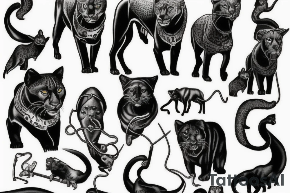 I want 3 black panthers (designed realistic like the animal), walking side by side.
The one in the middle is caring a shepherd's crook. tattoo idea