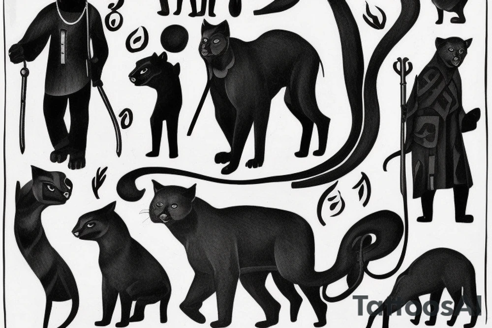 I want 3 black panthers (designed realistic like the animal), walking side by side.
The one in the middle is caring a shepherd's crook. tattoo idea