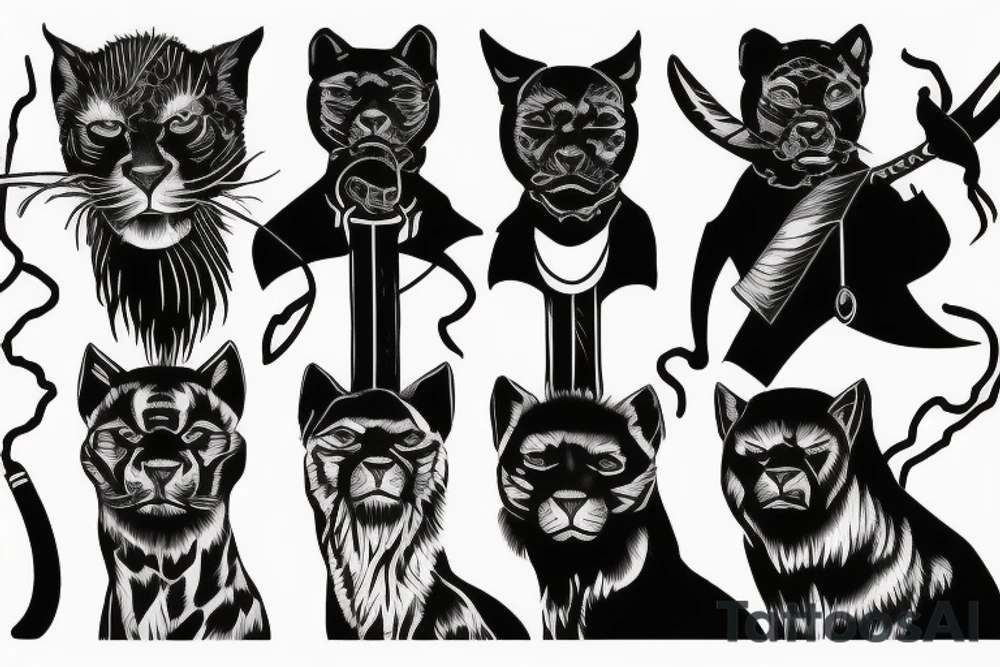 I want 3 black panthers (designed realistic like the animal), walking side by side.
The one in the middle is caring a shepherd's crook. tattoo idea