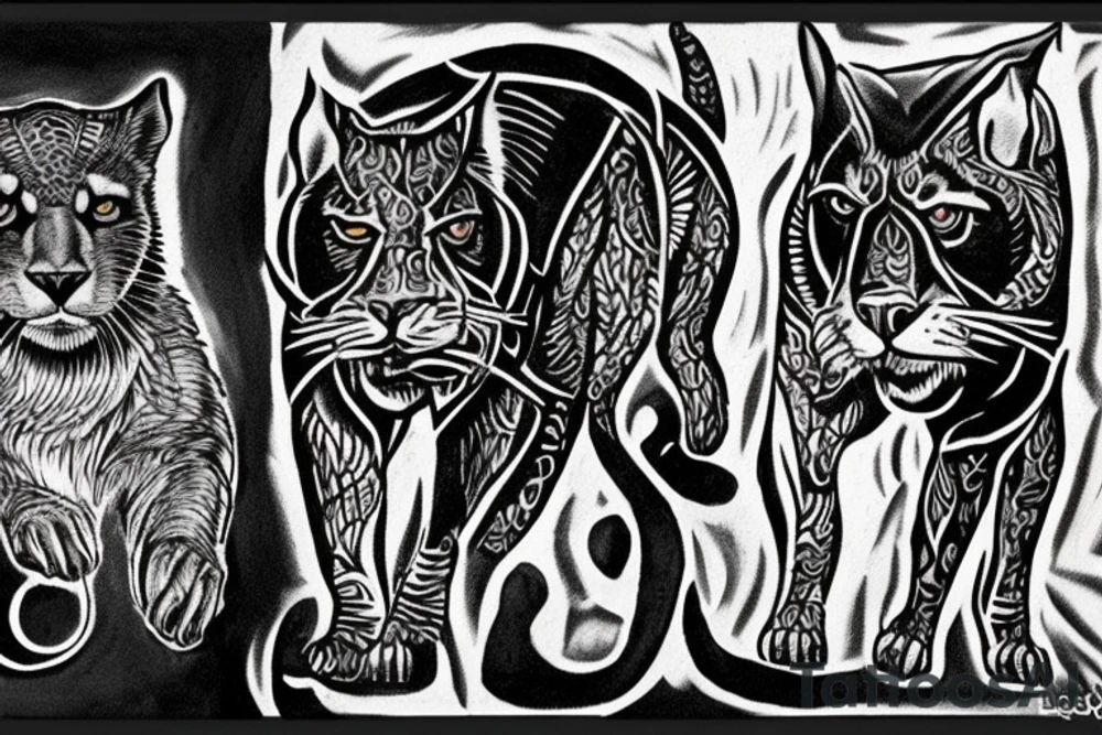 I want 3 black panthers (designed realistic like the animal), walking side by side.
The one in the middle is caring a shepherd's crook. tattoo idea