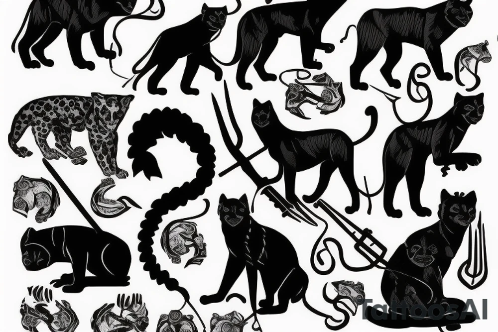 I want 3 black panthers (designed realistic like the animal), walking side by side.
The one in the middle is holding a shepherd's crook. tattoo idea