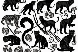 I want 3 black panthers (designed realistic like the animal), walking side by side.
The one in the middle is holding a shepherd's crook. tattoo idea