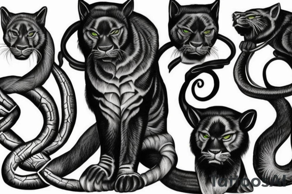 I want 3 black panthers (designed realistic like the animal), walking side by side.
The one in the middle is holding a shepherd's crook. tattoo idea