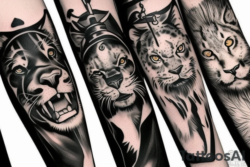 I want 3 black panthers (designed realistic like the animal), walking side by side.
The one in the middle is holding a shepherd's crook. tattoo idea