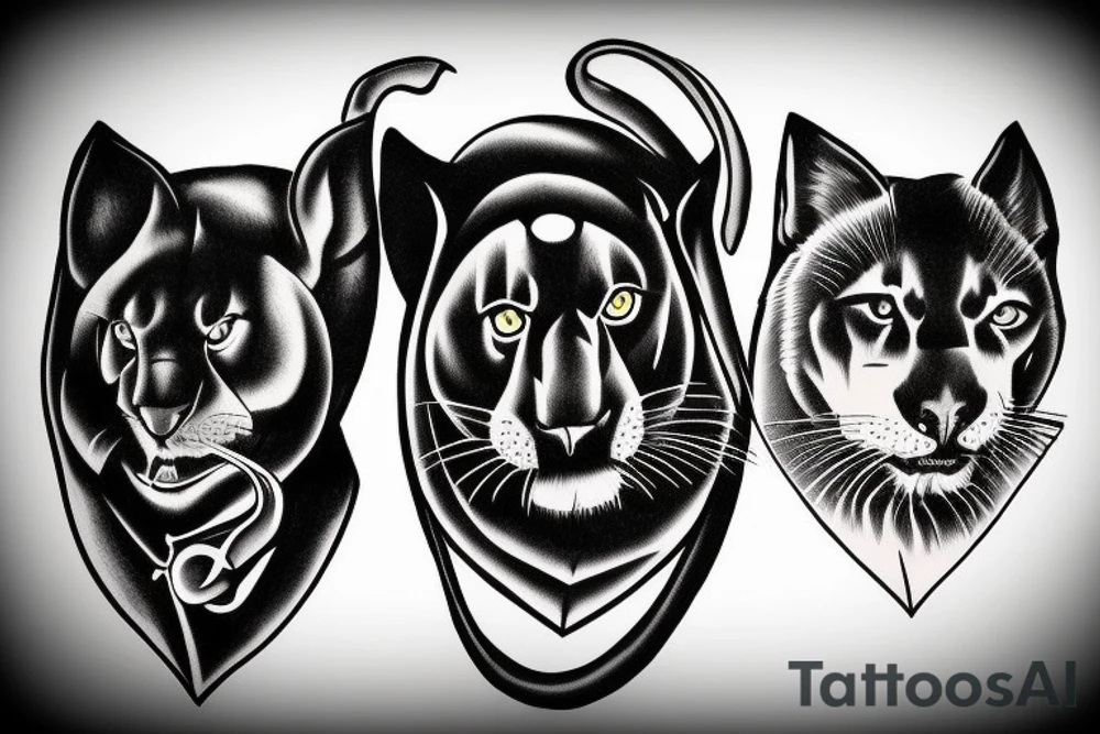 I want 3 black panthers (designed realistic like the animal), walking side by side.
The one in the middle is holding a shepherd's crook. tattoo idea