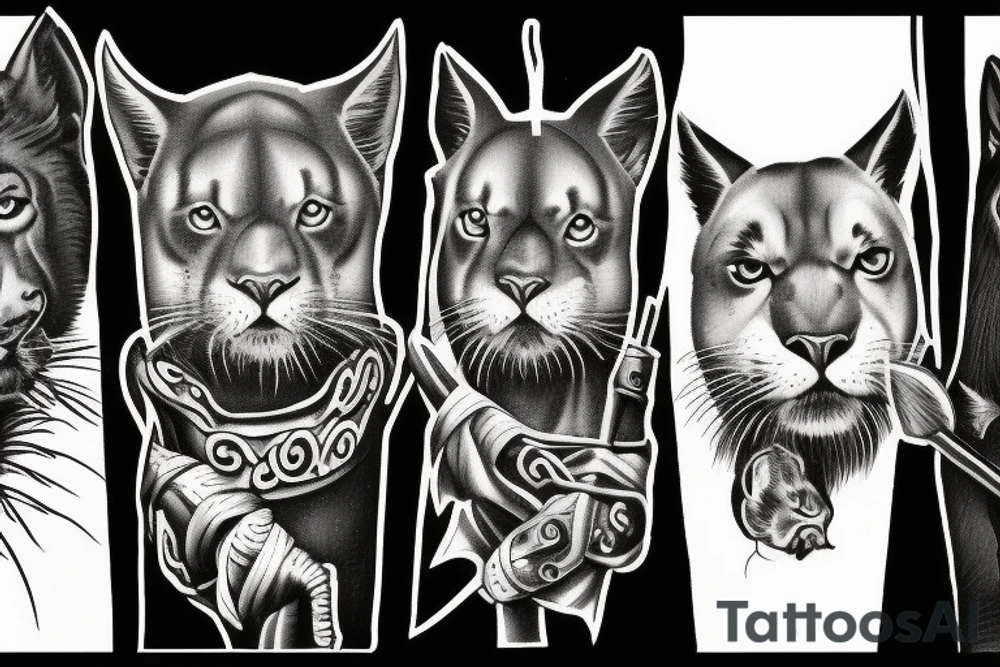 I want 3 black panthers (designed realistic like the animal), walking side by side.
The one in the middle is holding a shepherd's crook. tattoo idea