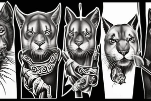 I want 3 black panthers (designed realistic like the animal), walking side by side.
The one in the middle is holding a shepherd's crook. tattoo idea