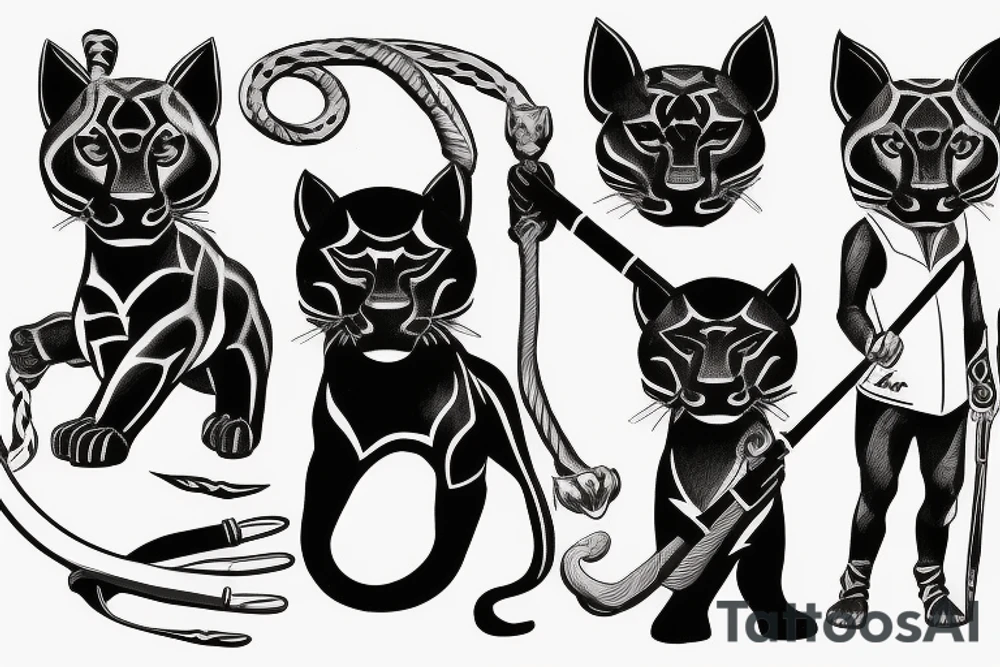 I want 3 black panthers (designed realistic like the animal), walking side by side.
The one in the middle is holding a shepherd's crook. tattoo idea