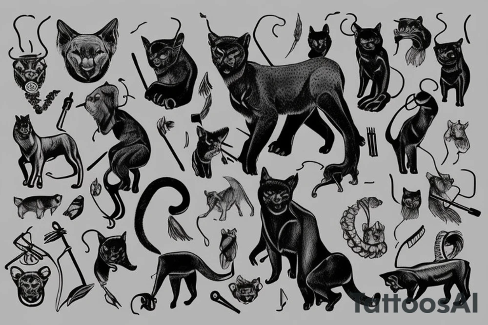 I want 3 black panthers (designed realistic like the animal), walking side by side.
The one in the middle is holding a shepherd's crook. tattoo idea