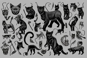 I want 3 black panthers (designed realistic like the animal), walking side by side.
The one in the middle is holding a shepherd's crook. tattoo idea