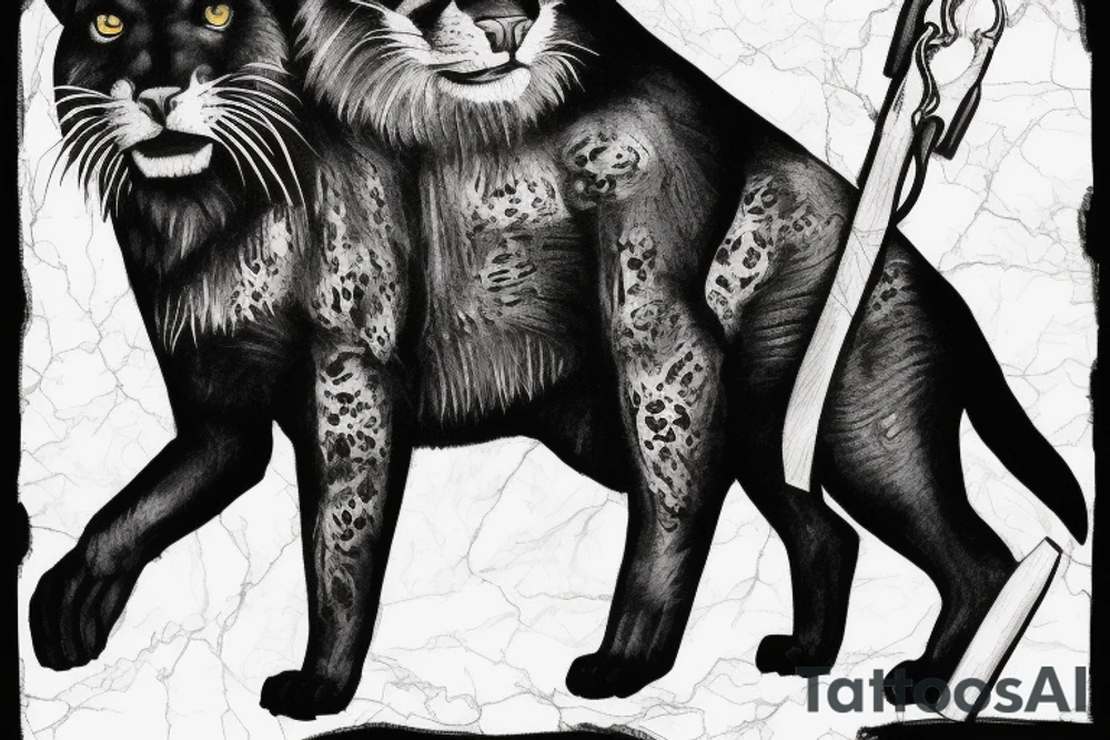 I want 3 black panthers (designed realistic like the animal), walking side by side.
The one in the middle is holding a shepherd's crook. tattoo idea