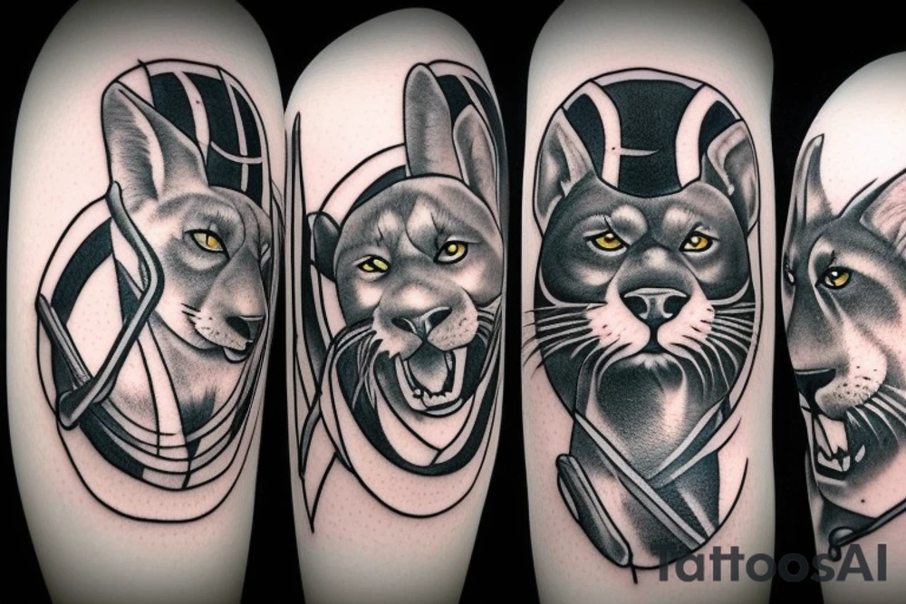 I want 3 black panthers (designed realistic like the animal), walking side by side.
The one in the middle is holding a shepherd's crook. tattoo idea