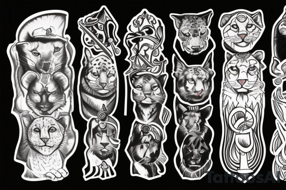 I want 3 black panthers (designed realistic like the animal), walking side by side.
The one in the middle is holding a shepherd's crook. tattoo idea