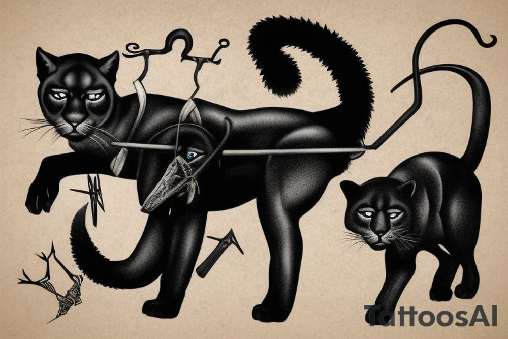 I want 3 black panthers (designed realistic like the animal), walking side by side.
The one in the middle is holding a shepherd's crook. tattoo idea