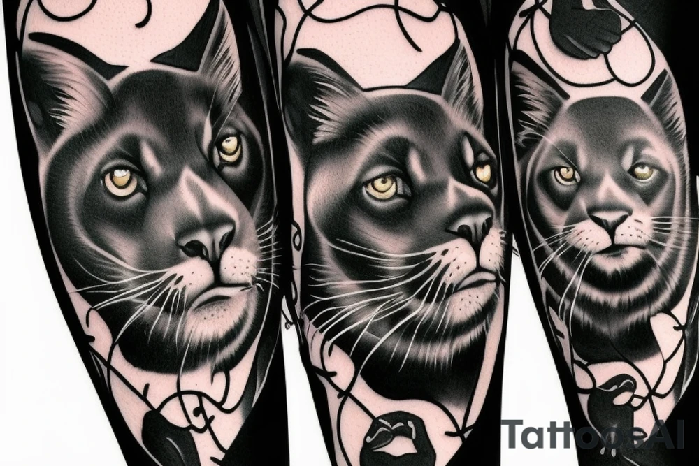 I want 3 black panthers (designed realistic like the animal), walking side by side.
The one in the middle is holding a shepherd's crook. tattoo idea