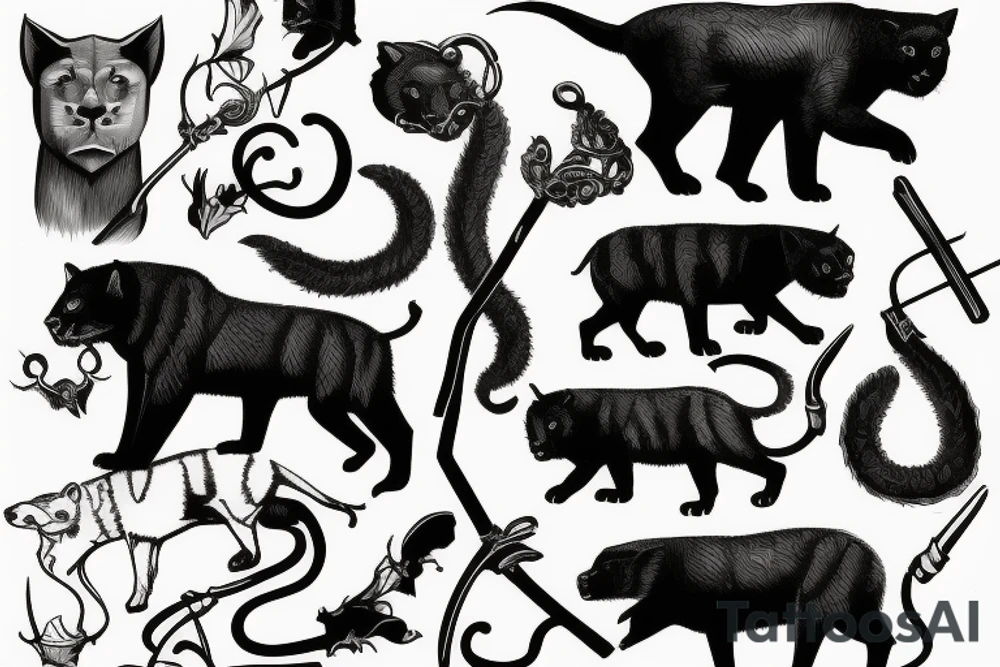 I want 3 black panthers (designed realistic like the animal), walking side by side.
The one in the middle is holding a shepherd's crook. tattoo idea