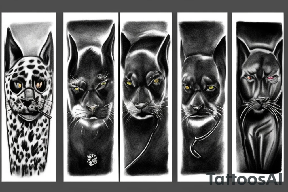 I want 3 black panthers (designed realistic like the animal), walking side by side.
The one in the middle is holding a shepherd's crook. tattoo idea