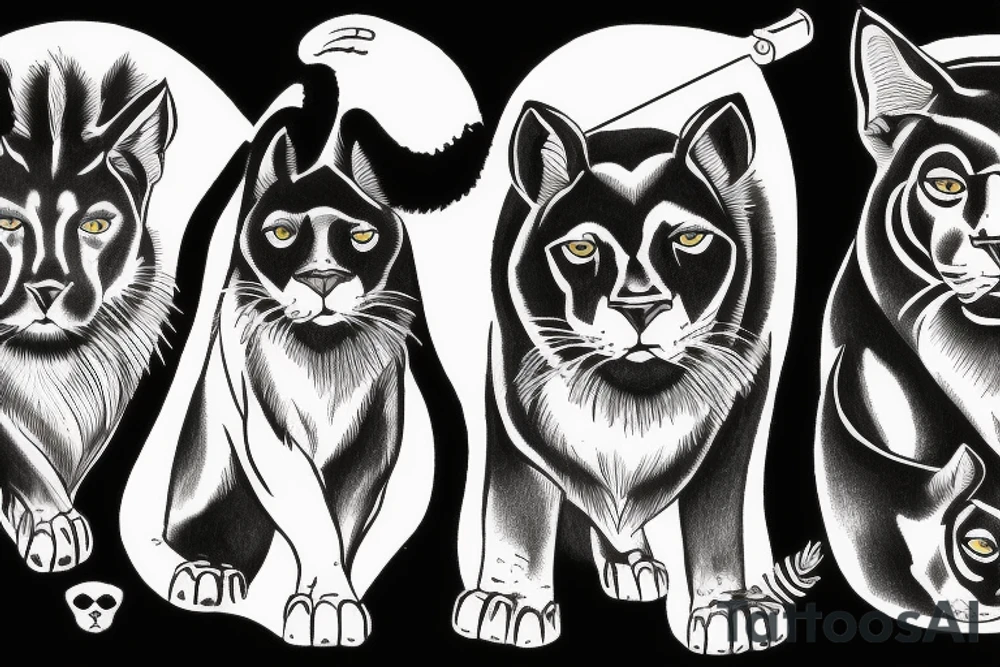 I want 3 black panthers (designed realistic like the animal), walking side by side.
The one in the middle is holding a shepherd's crook. tattoo idea
