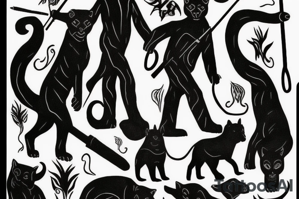 I want 3 black panthers (designed realistic like the animal), walking side by side.
The one in the middle is holding a shepherd's crook. tattoo idea