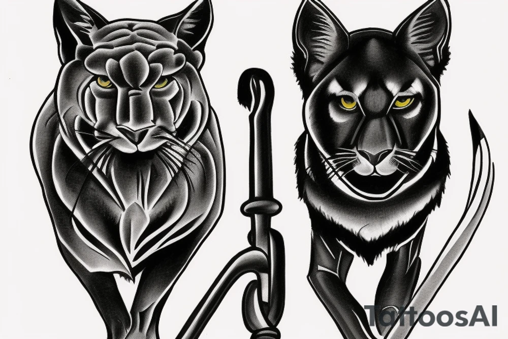 I want 3 black panthers (designed realistic like the animal), walking side by side.
The one in the middle is holding a shepherd's crook. tattoo idea