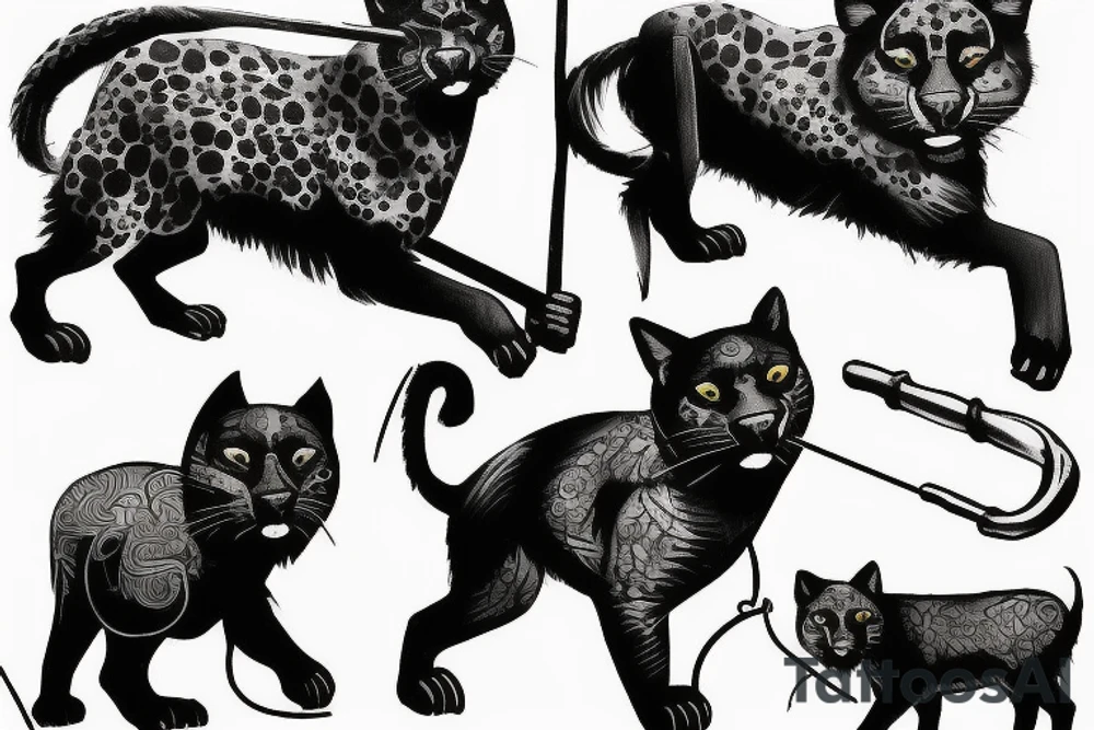 I want 3 black panthers (designed realistic like the animal), walking side by side.
The one in the middle is holding a shepherd's crook. tattoo idea
