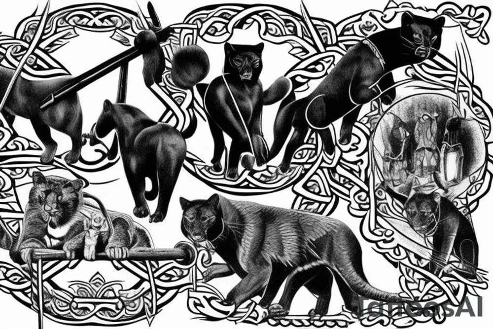 I want 3 black panthers (designed realistic like the animal), walking side by side.
The one in the middle is holding a shepherd's crook. tattoo idea