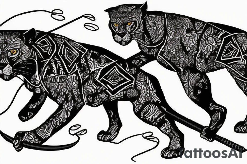 I want 3 black panthers (designed realistic like the animal), walking side by side.
The one in the middle is holding a shepherd's crook. tattoo idea