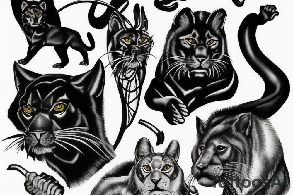 I want 3 black panthers (designed realistic like the animal), walking side by side.
The one in the middle is holding a shepherd's crook. tattoo idea