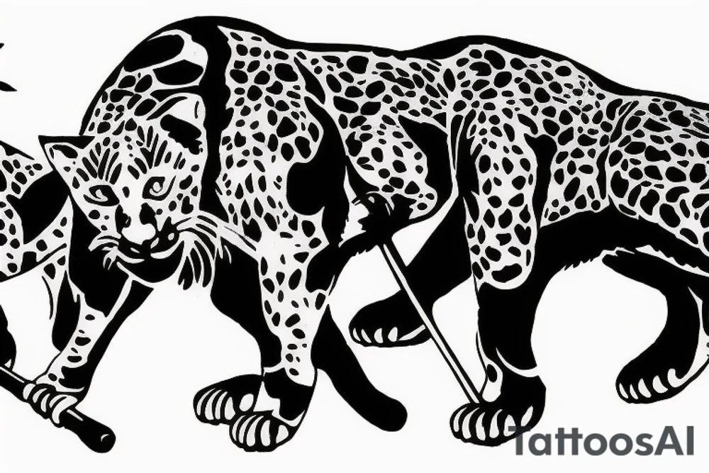 I want 3 black panthers (designed realistic like the animal), walking side by side.
The one in the middle is holding a shepherd's crook. tattoo idea