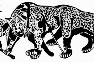 I want 3 black panthers (designed realistic like the animal), walking side by side.
The one in the middle is holding a shepherd's crook. tattoo idea