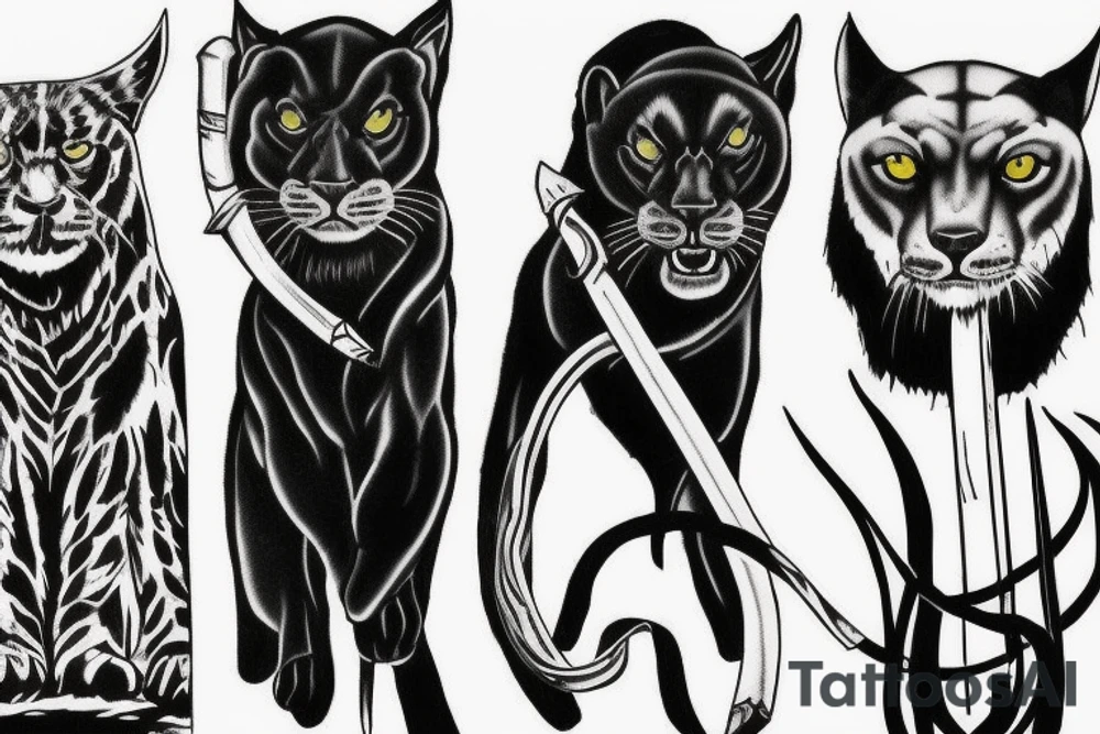 I want 3 black panthers (designed realistic like the animal), walking side by side.
The one in the middle is holding a shepherd's crook. tattoo idea