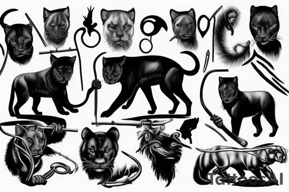I want 3 black panthers (designed realistic like the animal), walking side by side.
The one in the middle is holding a shepherd's crook. tattoo idea