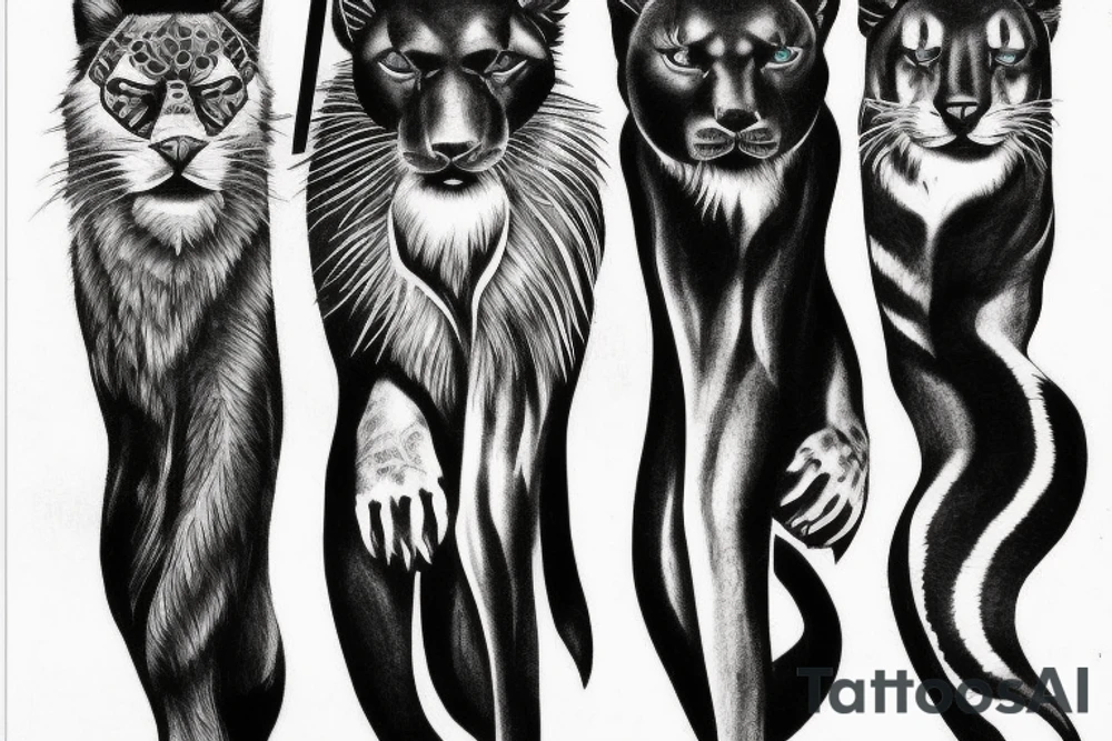 I want 3 black panthers (designed realistic like the animal), walking side by side.
The one in the middle is holding a shepherd's crook. tattoo idea