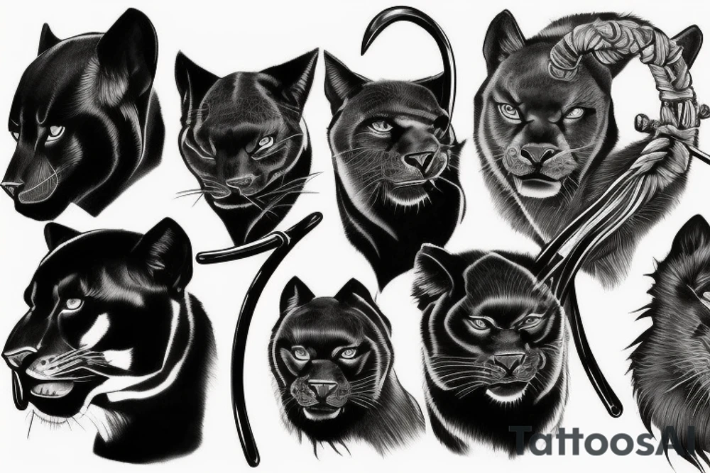 I want 3 black panthers (designed realistic like the animal), walking side by side.
The one in the middle is holding a shepherd's crook. tattoo idea