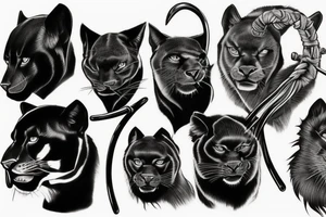 I want 3 black panthers (designed realistic like the animal), walking side by side.
The one in the middle is holding a shepherd's crook. tattoo idea