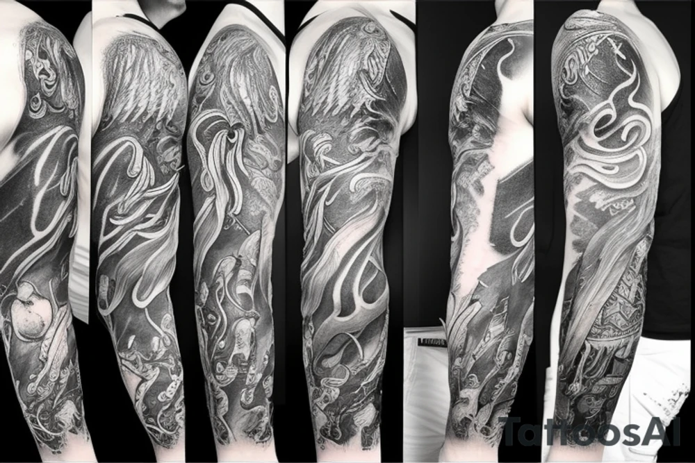 Full arm sleeve made up of Zeus, medussa & Poseidon tattoo idea