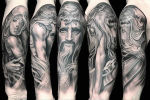 Full arm sleeve made up of Zeus, medussa & Poseidon tattoo idea