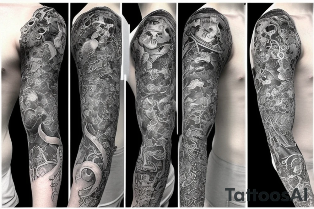 Full arm sleeve made up of green mythology tattoo idea