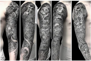 Full arm sleeve made up of green mythology tattoo idea