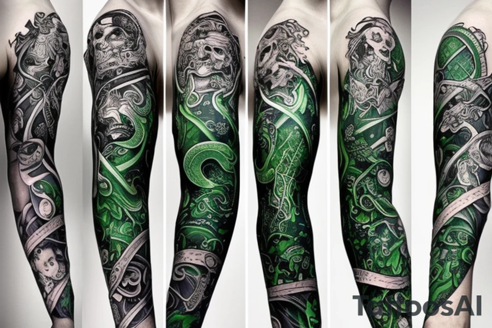 Full arm sleeve made up of green mythology tattoo idea