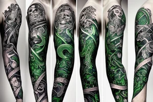 Full arm sleeve made up of green mythology tattoo idea