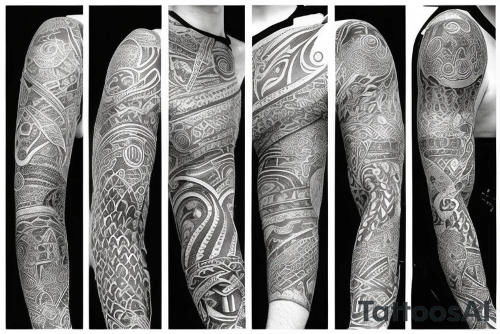 Full arm sleeve made up of green mythology tattoo idea