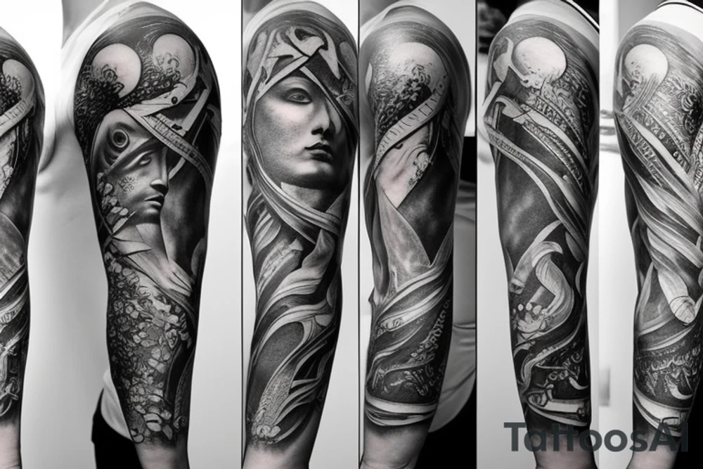 Full arm sleeve made up of Greek mythology tattoo idea