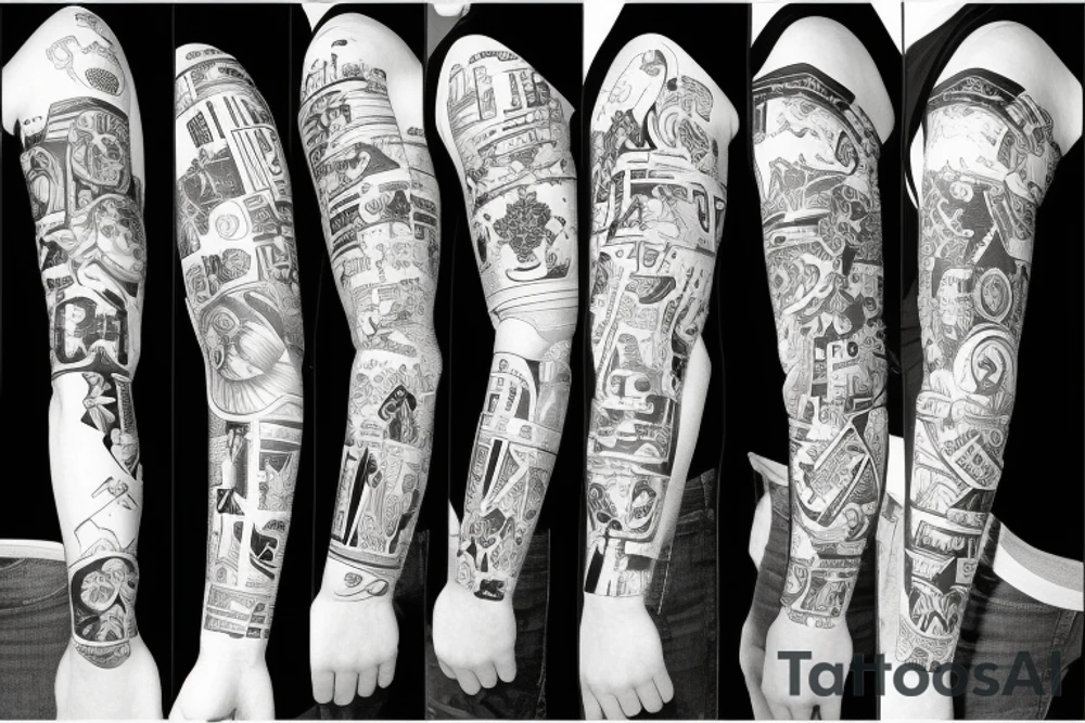 Full arm sleeve made up of things from the 80’s tattoo idea