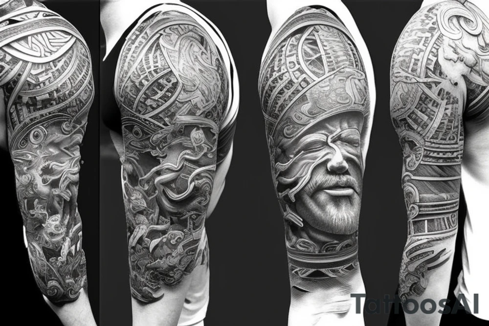 Unique Full arm sleeve made up of gods from green mythology tattoo idea