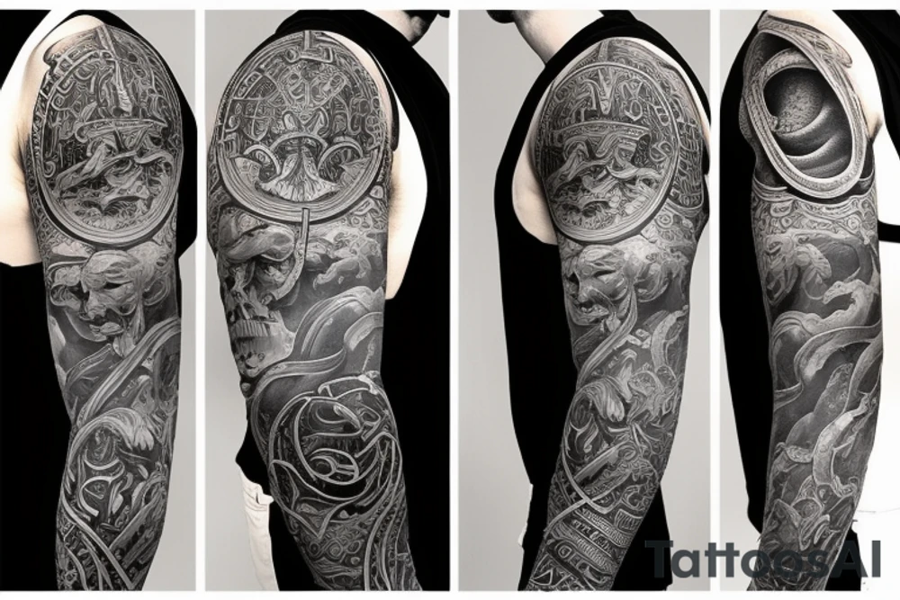 Unique Full arm sleeve made up of gods from green mythology tattoo idea