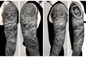 Unique Full arm sleeve made up of gods from green mythology tattoo idea