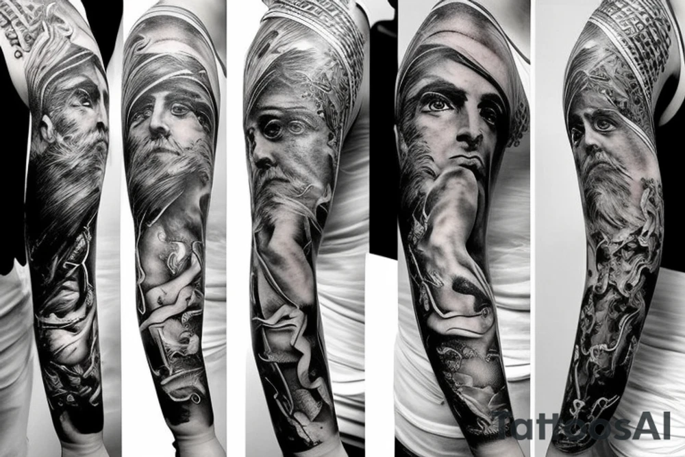 Unique Full arm sleeve made up of gods from greek mythology tattoo idea