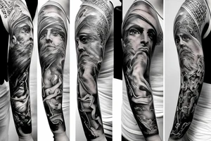 Unique Full arm sleeve made up of gods from greek mythology tattoo idea