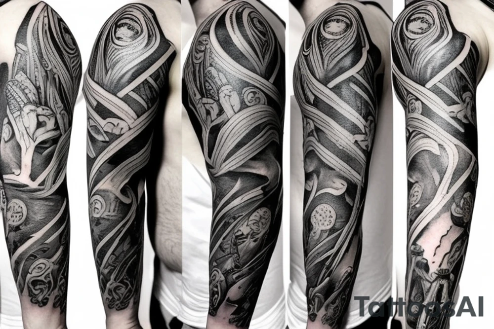 Unique Full arm sleeve made up of Zeus & Medussa tattoo idea